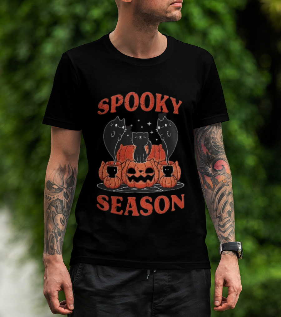 Spooky Season Black Cats Jack O Lantern Pentagram Cartoon T-Shirt