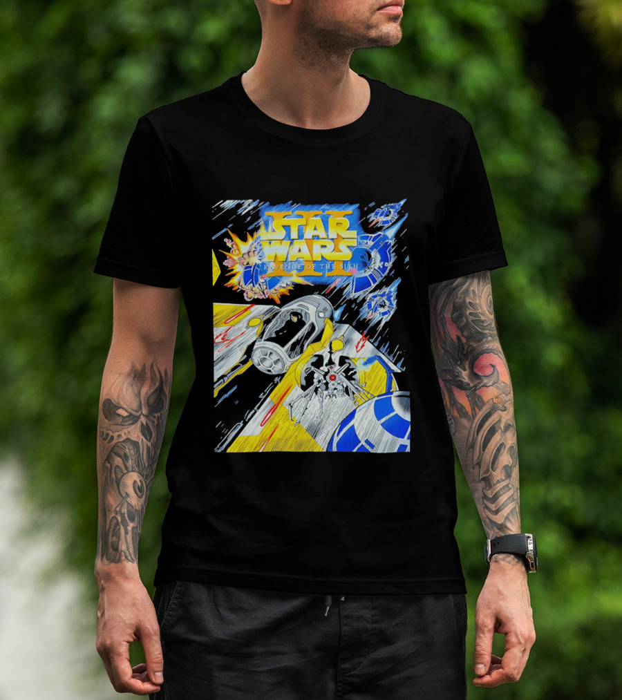 Star Wars Revenge Of The Sith Galactic Battle Artwork Featuring Anakin Skywalker And Iconic Droid Spaceships T-Shirt