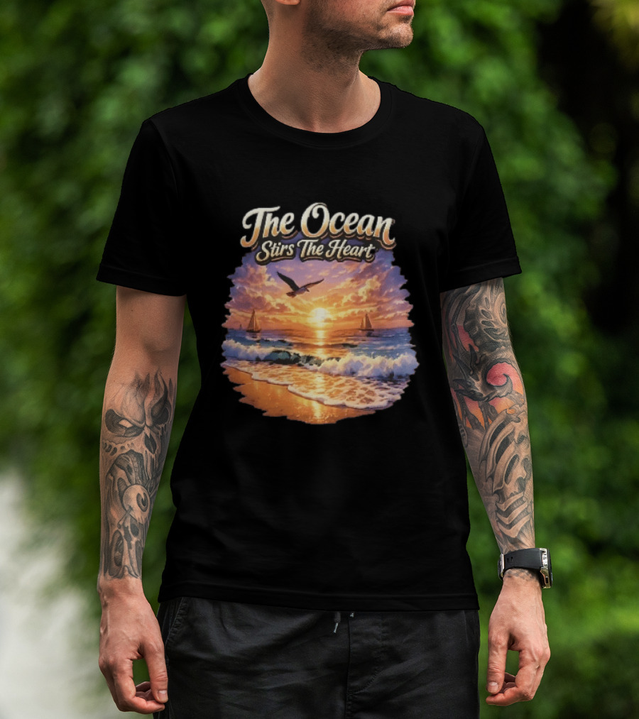 The Ocean Stirs The Heart Seagull Flying Sunset Beach Sailboats Waves T-Shirt