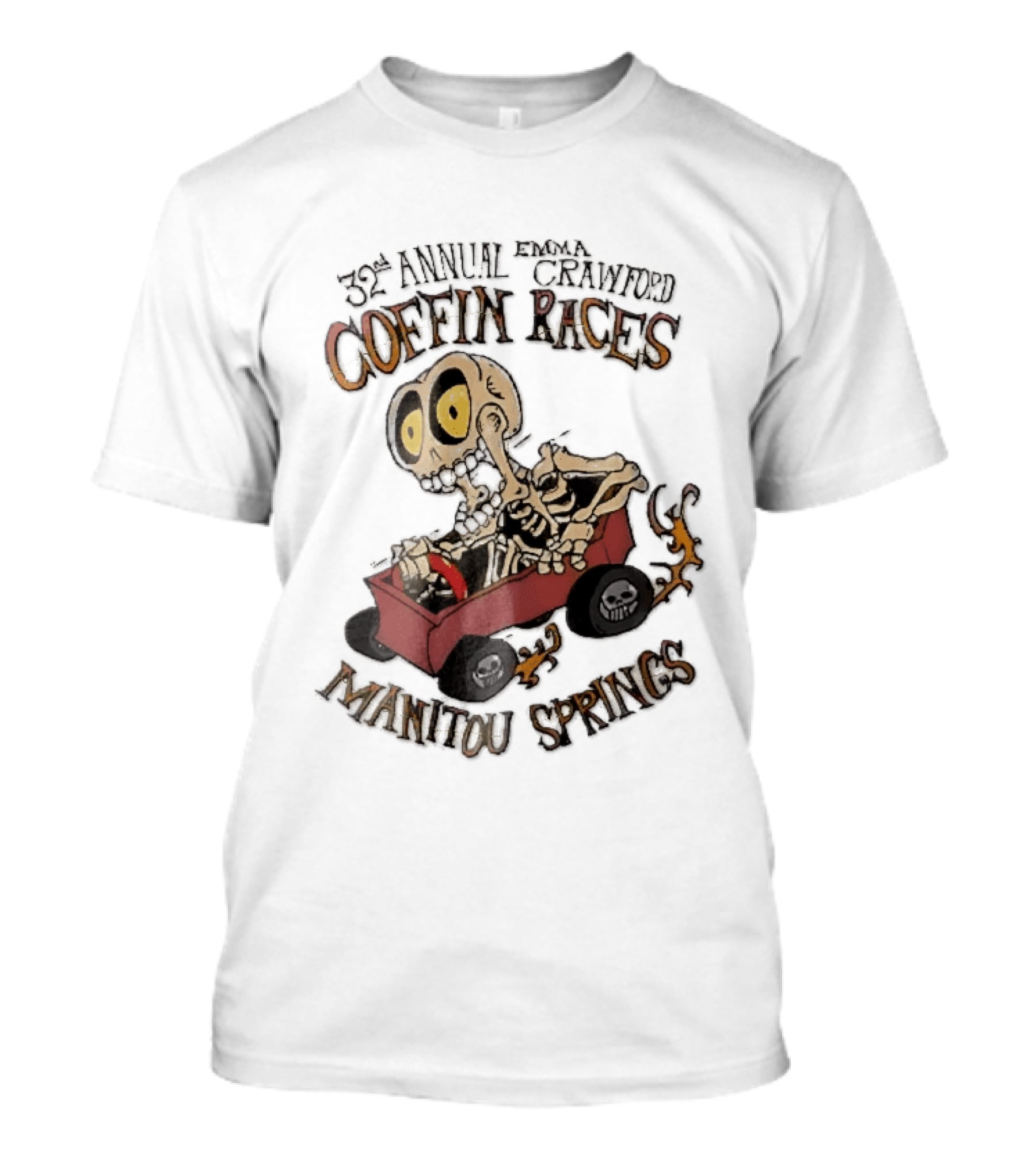 32nd Annual Emma Crawford Coffin Races Manitou Springs Cartoon Skeleton Racing Go Kart Flames T-Shirt