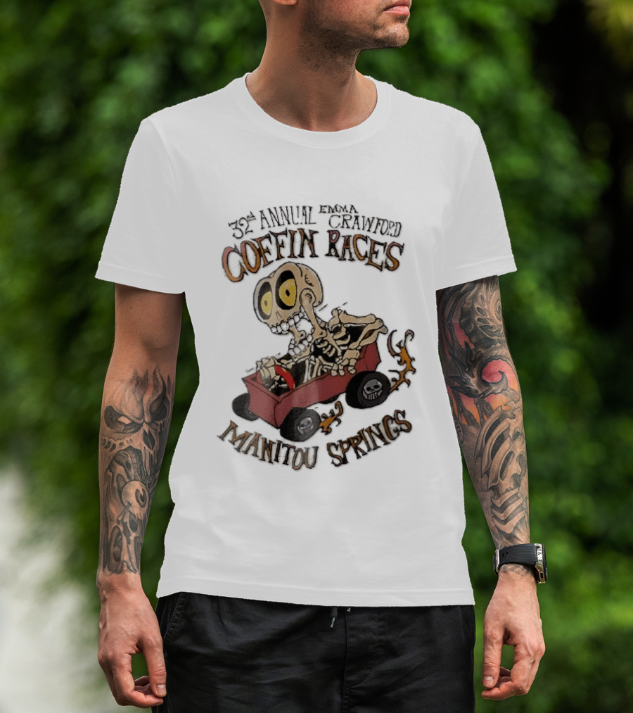 32nd Annual Emma Crawford Coffin Races Manitou Springs Cartoon Skeleton Racing Go Kart Flames T-Shirt