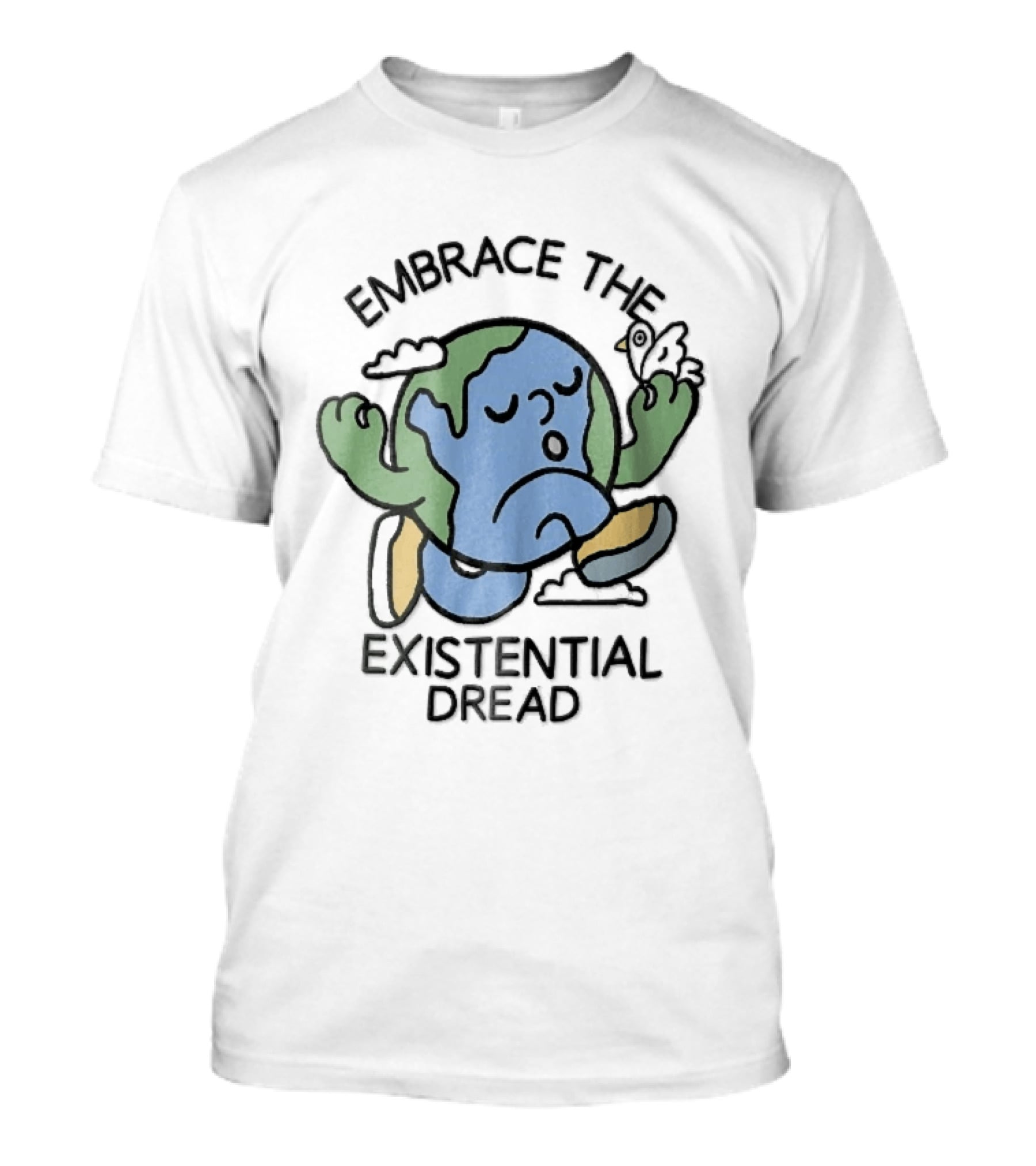 Embrace The Existential Dread Cartoon Running Planet Earth With Bird T-Shirt
