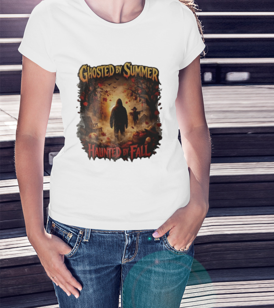 Ghosted By Summer Haunted By Fall Hooded Figure Autumn Orchard Scarecrow Pumpkins T-Shirt
