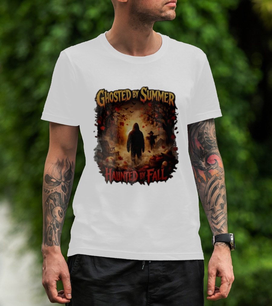 Ghosted By Summer Haunted By Fall Hooded Figure Autumn Orchard Scarecrow Pumpkins T-Shirt
