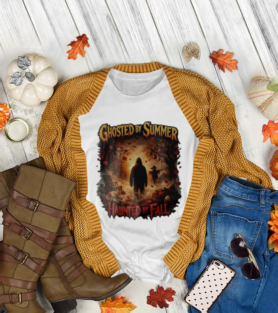 Ghosted By Summer Haunted By Fall Hooded Figure Autumn Orchard Scarecrow Pumpkins T-Shirt