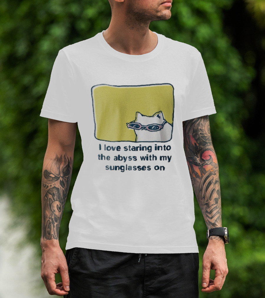 I Love Staring Into The Abyss With My Sunglasses On White Cat Pink Glasses Popcornpunk Cartoon T-Shirt