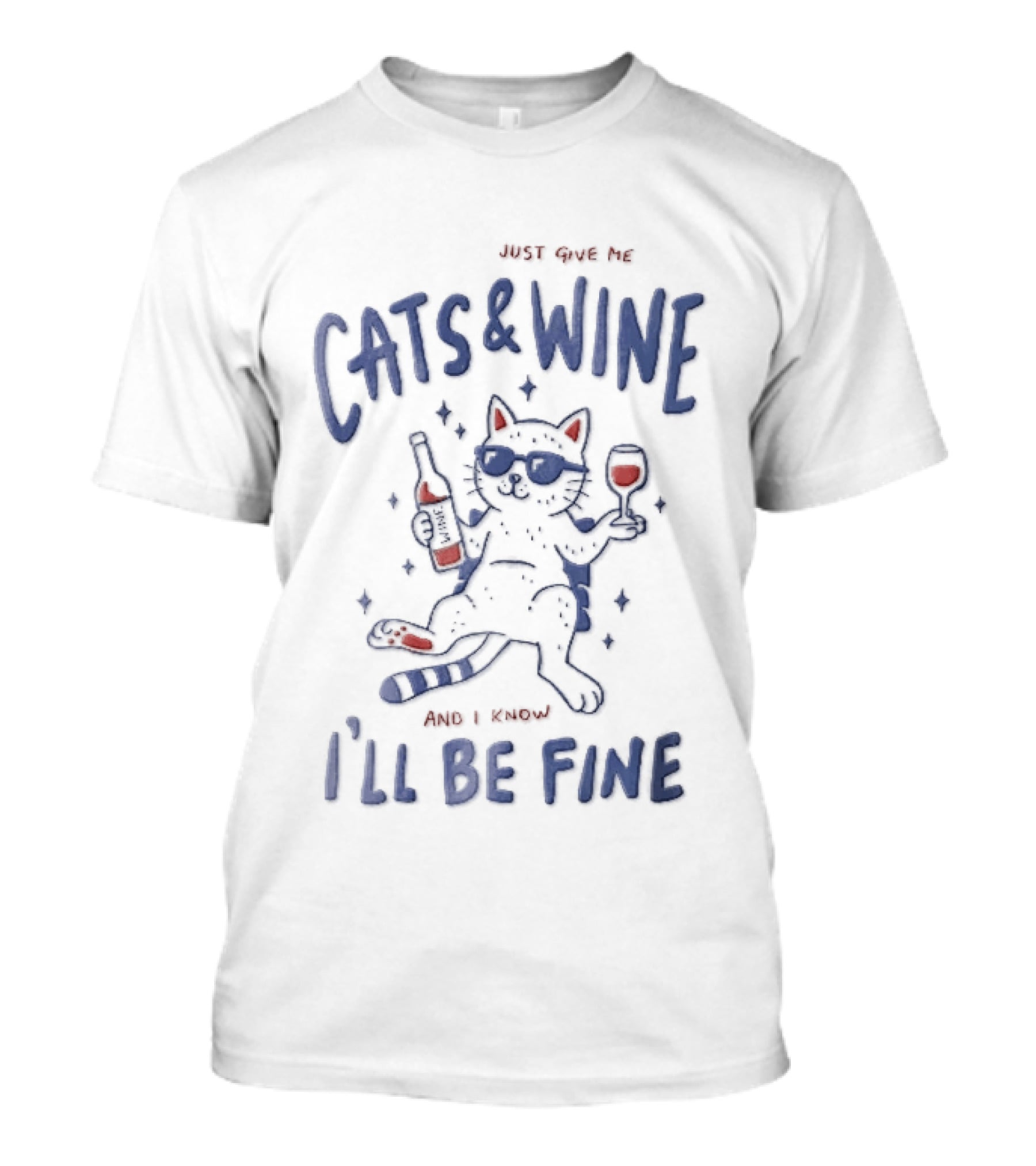 Just Give Me Cats And Wine I'll Be Fine Cartoon Feline Sunglasses Drink Bottle T-Shirt