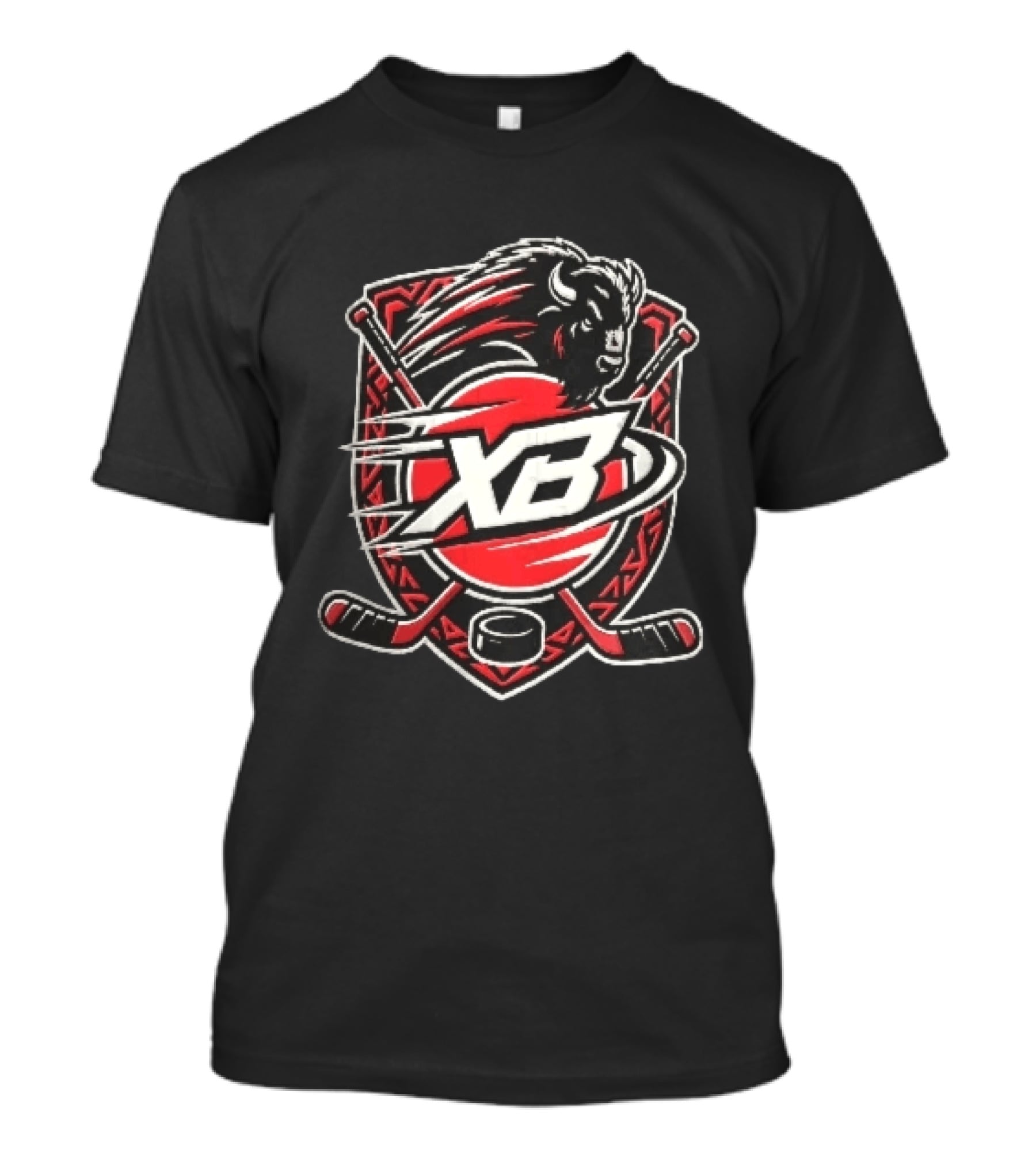 Xb Buffalo Bison Head With Crossed Hockey Sticks And Puck Shield Crest T-Shirt