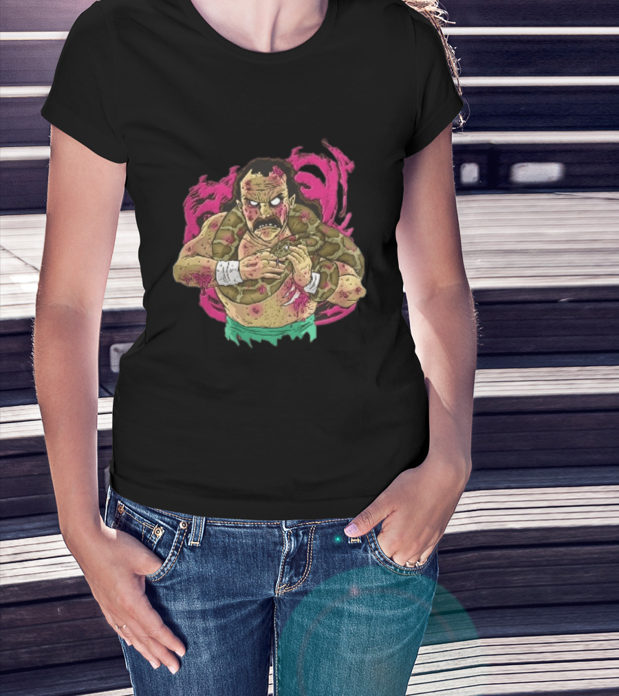 Zombie Wrestler Python Snake Pink Energy Burst Caricature T-Shirt