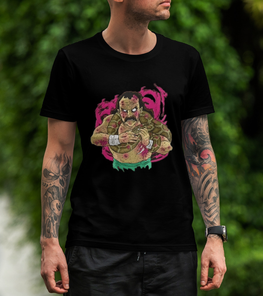 Zombie Wrestler Python Snake Pink Energy Burst Caricature T-Shirt