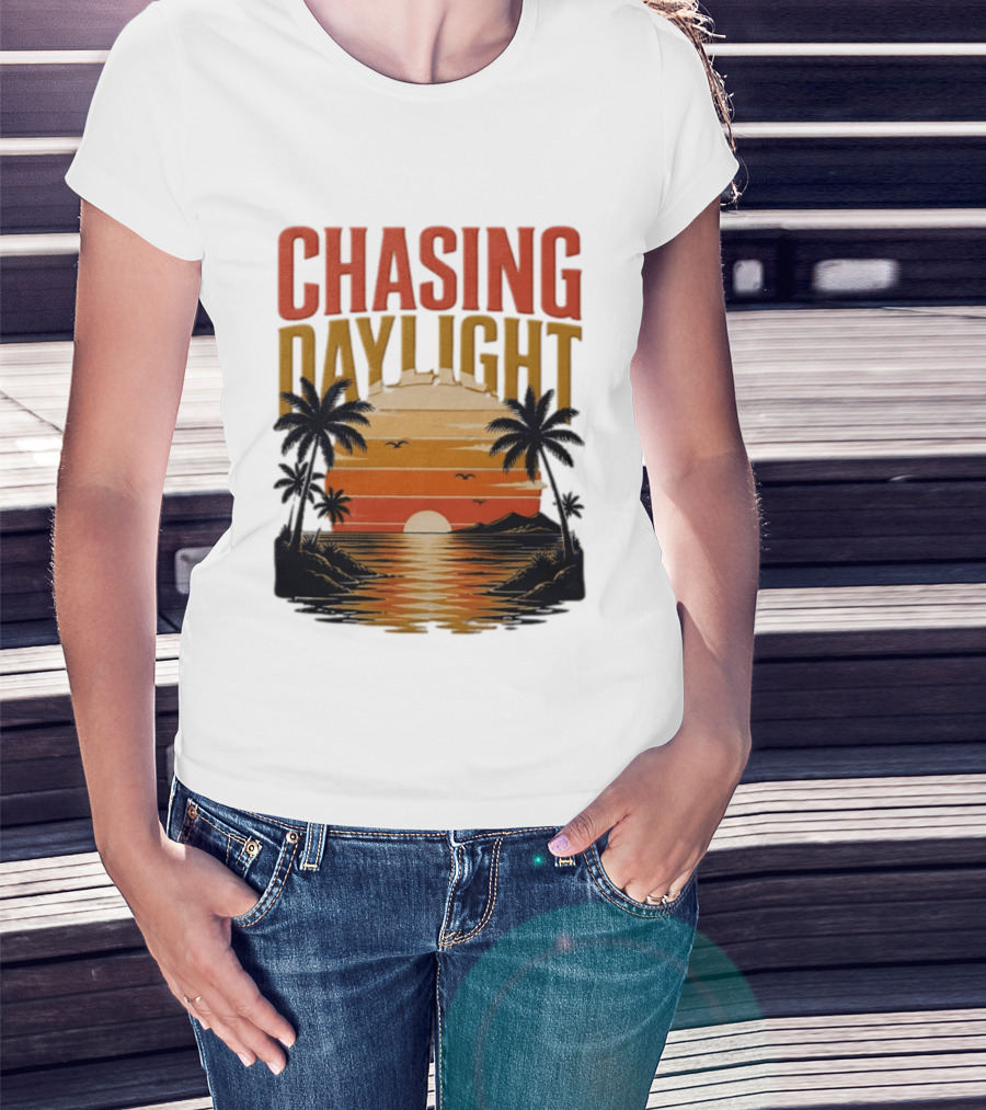 Chasing Daylight Tropical Beach Sunset Scene With Palms And Ocean Waves T-Shirt