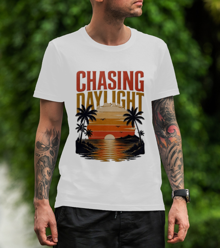 Chasing Daylight Tropical Beach Sunset Scene With Palms And Ocean Waves T-Shirt