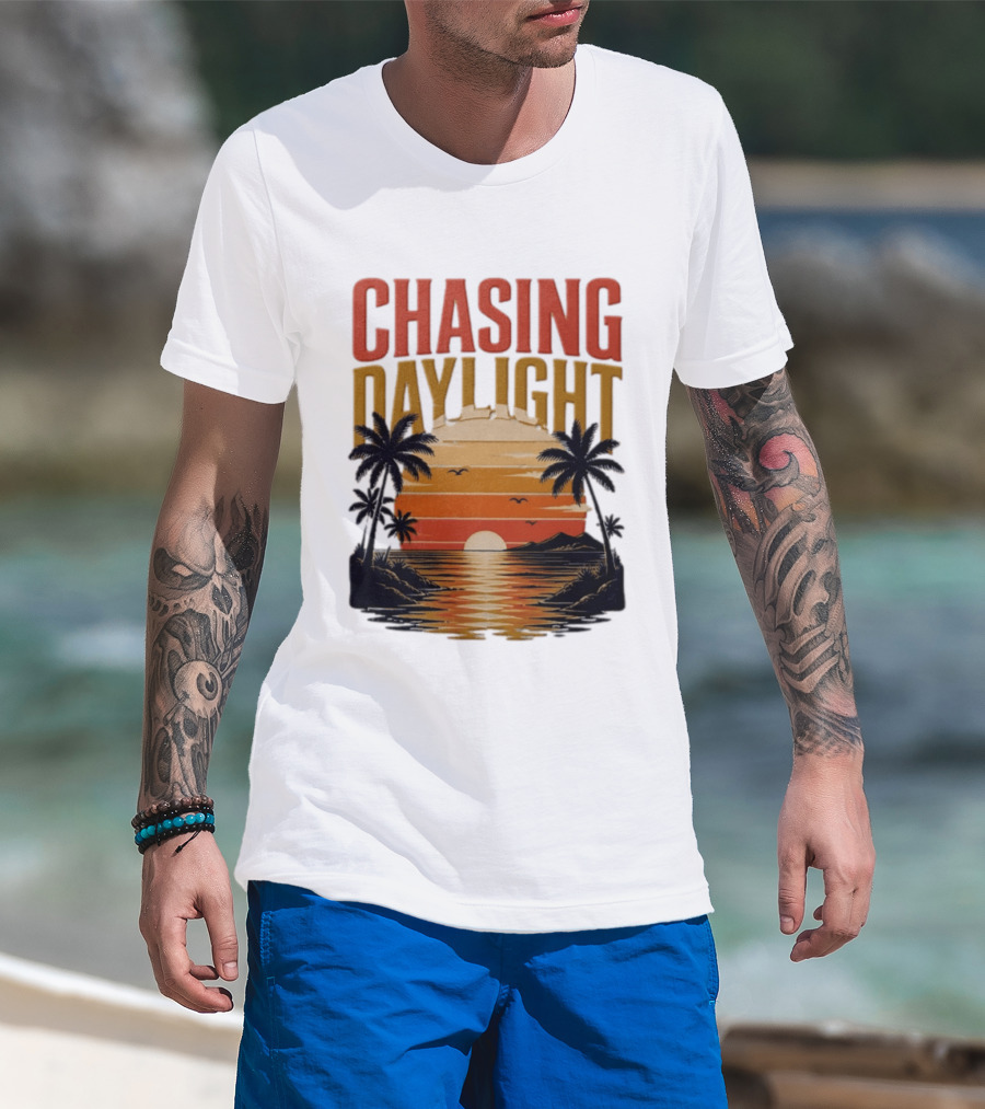 Chasing Daylight Tropical Beach Sunset Scene With Palms And Ocean Waves T-Shirt