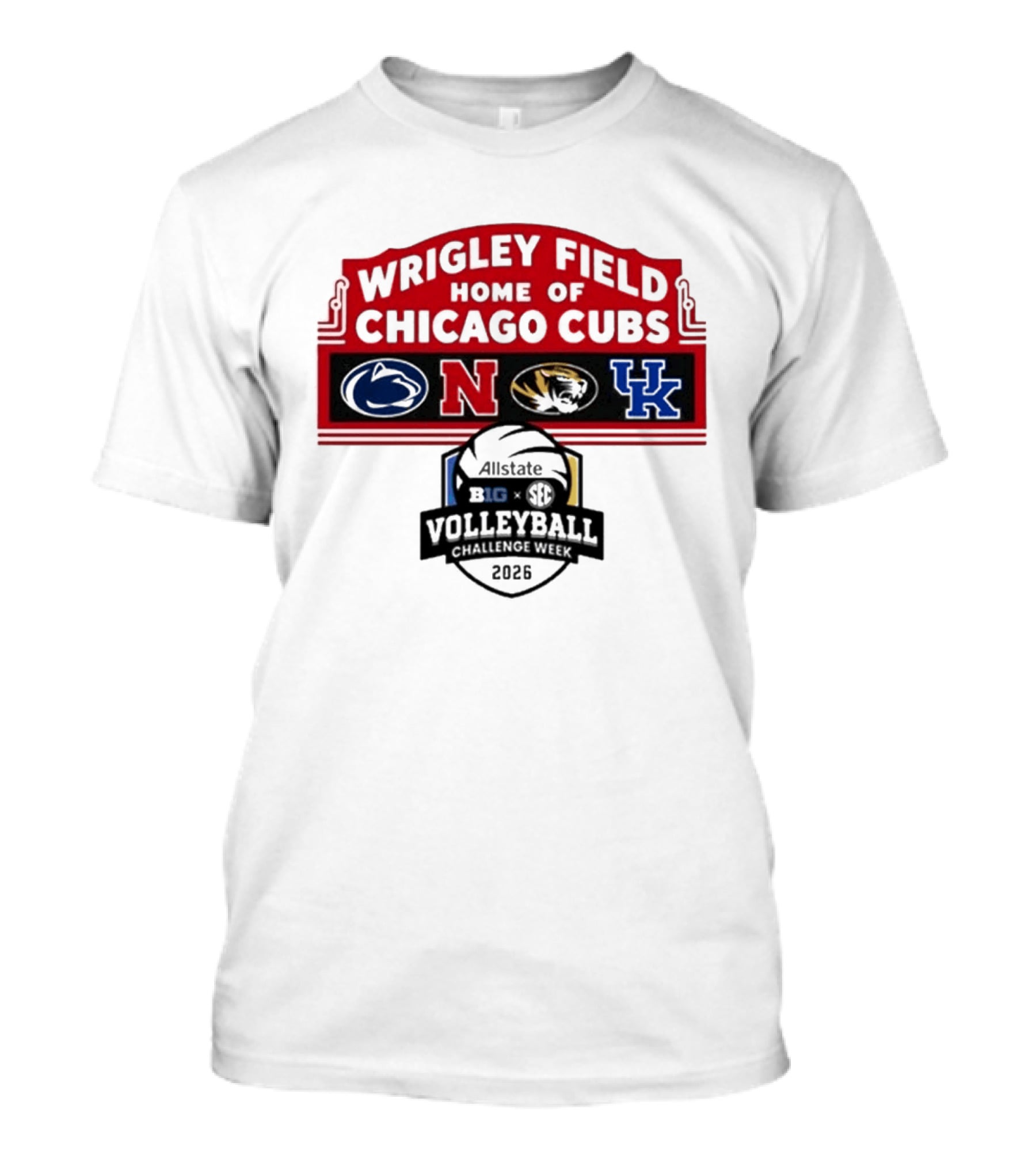 Wrigley Field Chicago Cubs Allstate 2026 Volleyball Challenge Week Penn State Nebraska Missouri Kentucky Logos T-Shirt