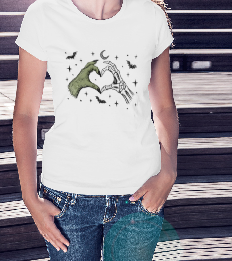 Witch Hand Skeleton Bone Heart Halloween Bats And Moon T-Shirt