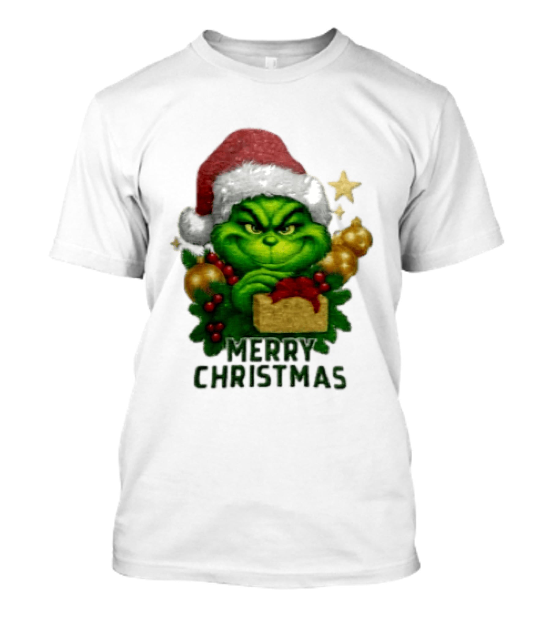 Merry Christmas Grinch Santa Claus Hat Gold Present Pine Branches T-Shirt