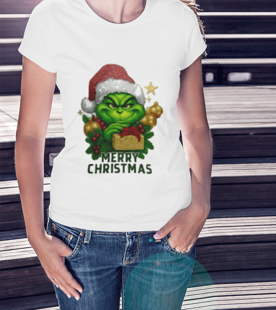 Merry Christmas Grinch Santa Claus Hat Gold Present Pine Branches T-Shirt
