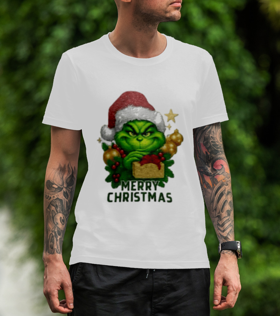Merry Christmas Grinch Santa Claus Hat Gold Present Pine Branches T-Shirt