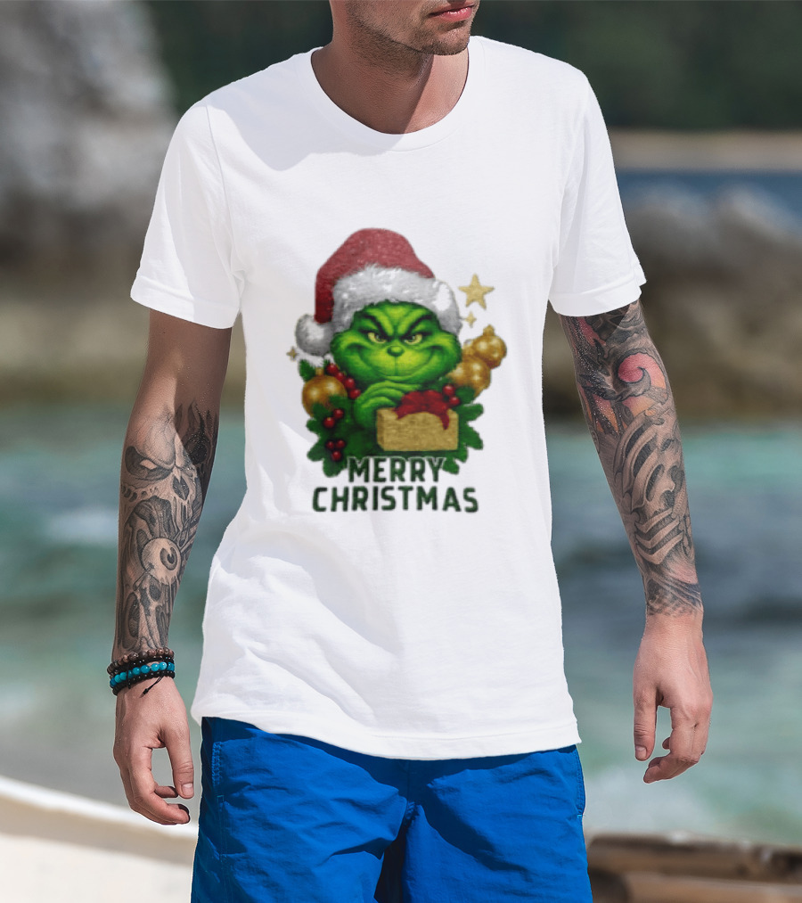 Merry Christmas Grinch Santa Claus Hat Gold Present Pine Branches T-Shirt