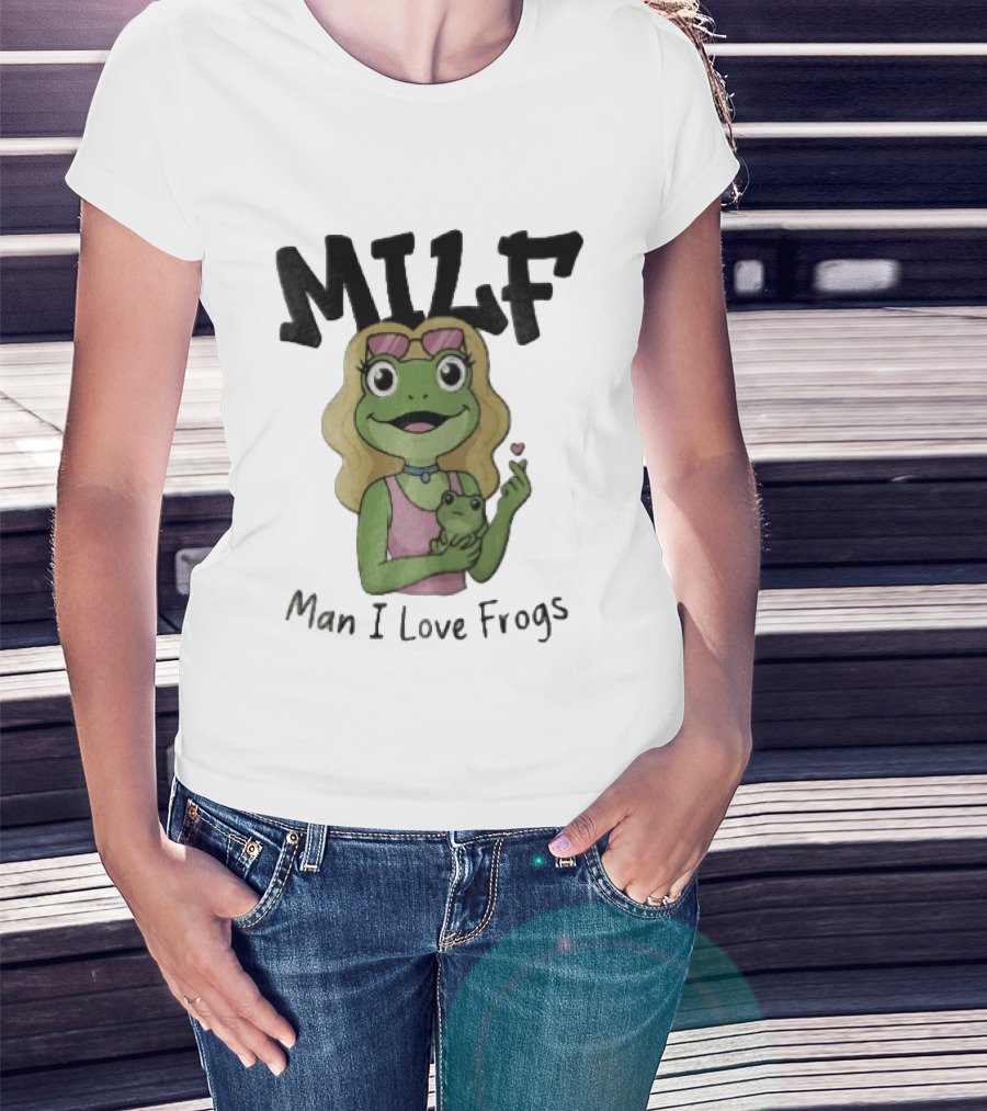 MILF Man I Love Frogs Cartoon Blonde Female Frog Holding Baby Frog T-Shirt