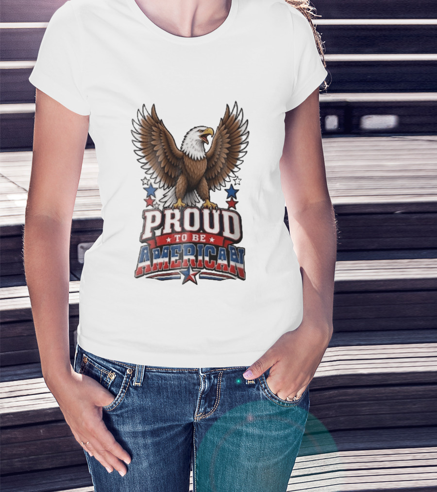 Proud To Be American Bald Eagle Wings Spread Red Blue Stars Patriotic T-Shirt