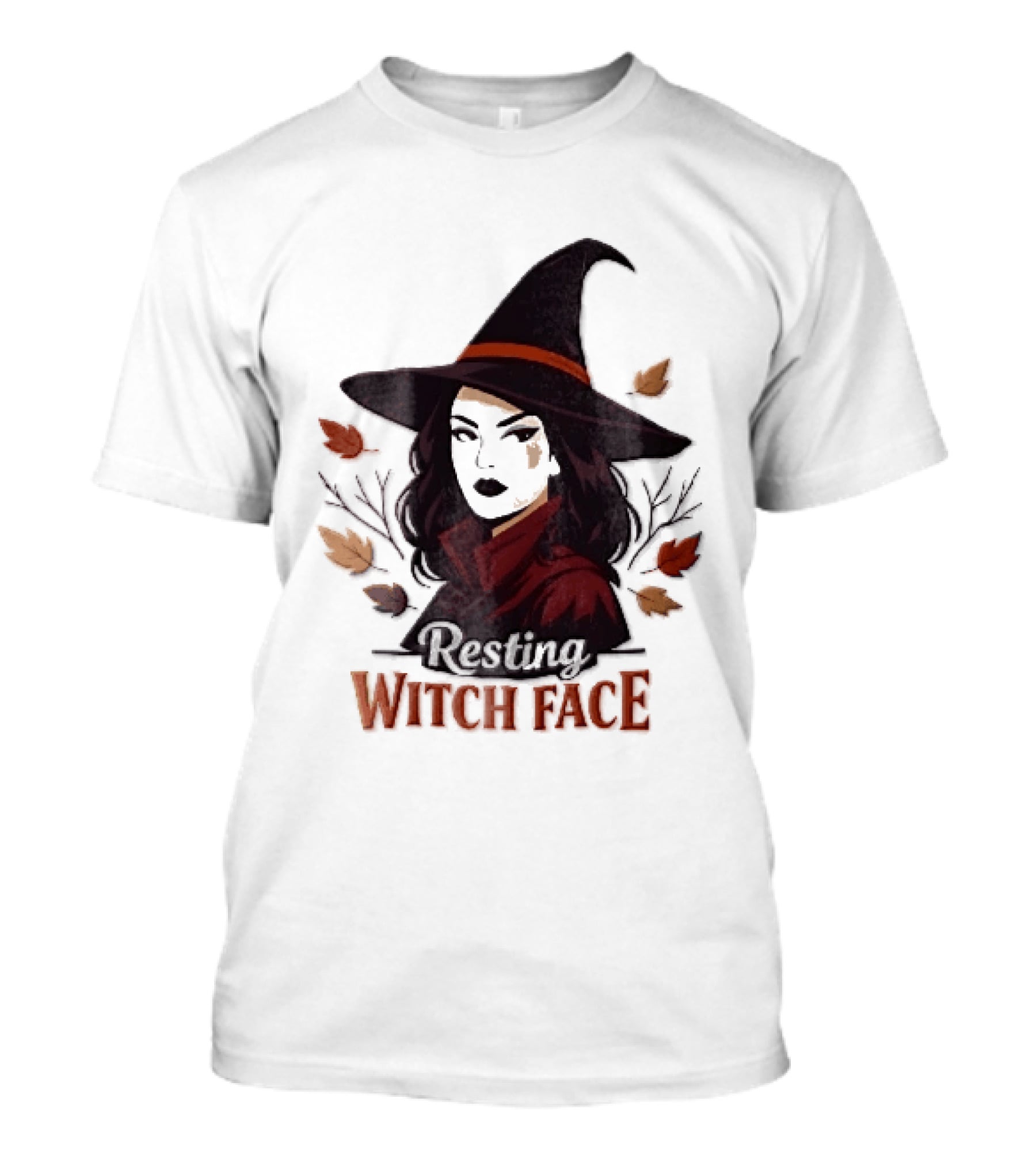 Resting Witch Face Dark Hair Woman Pointy Hat Autumn Leaves Halloween T-Shirt