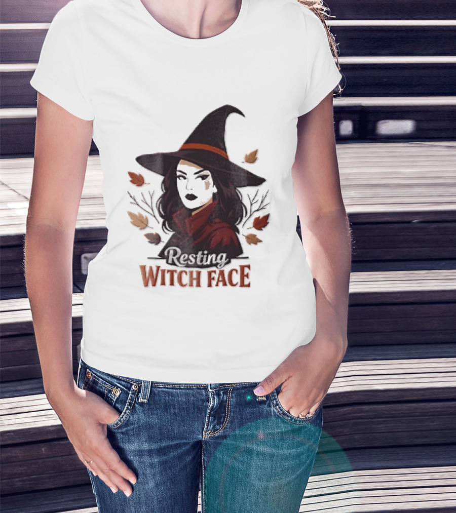 Resting Witch Face Dark Hair Woman Pointy Hat Autumn Leaves Halloween T-Shirt
