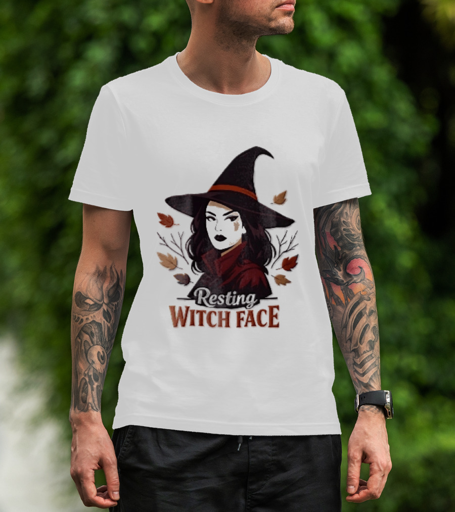 Resting Witch Face Dark Hair Woman Pointy Hat Autumn Leaves Halloween T-Shirt