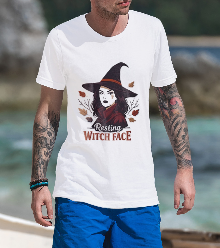 Resting Witch Face Dark Hair Woman Pointy Hat Autumn Leaves Halloween T-Shirt