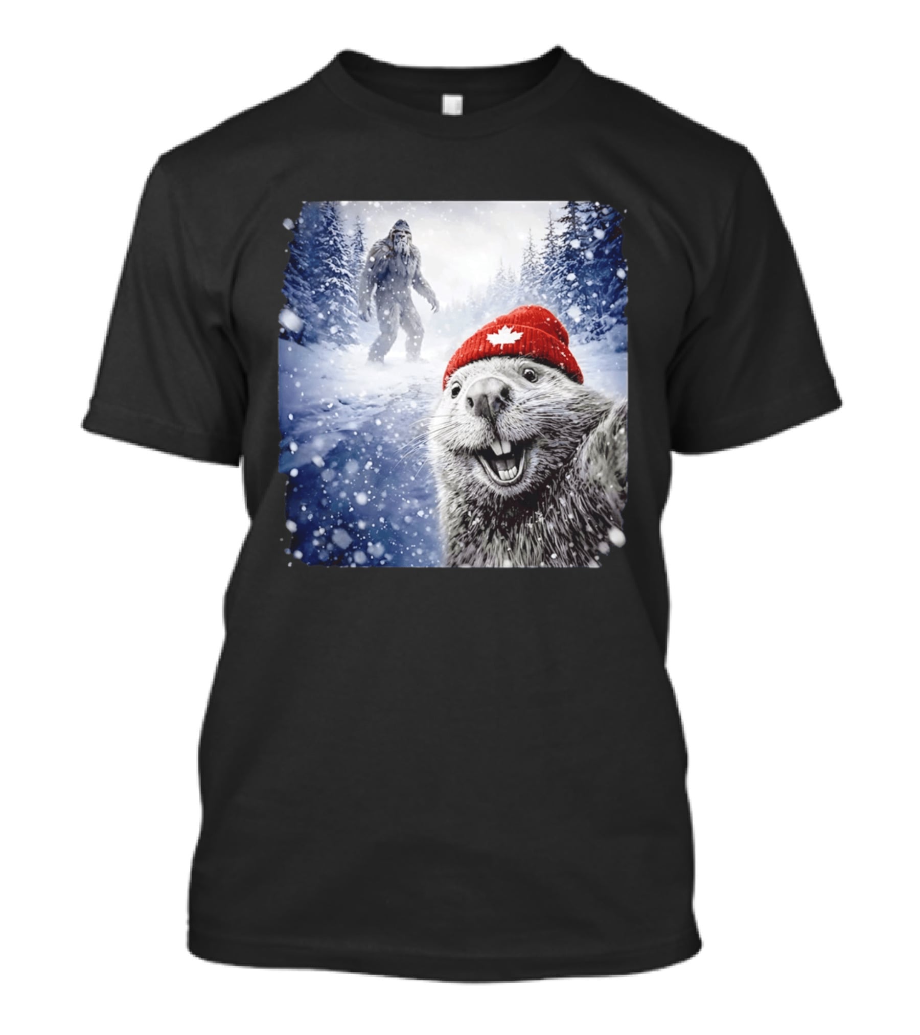 Beaver Selfie With Sasquatch In Snowy Canadian Forest T-Shirt