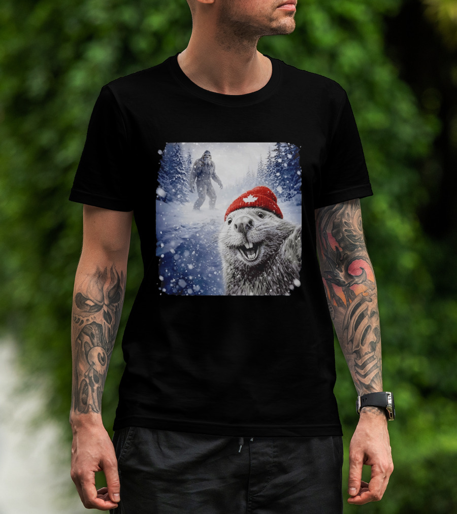 Beaver Selfie With Sasquatch In Snowy Canadian Forest T-Shirt