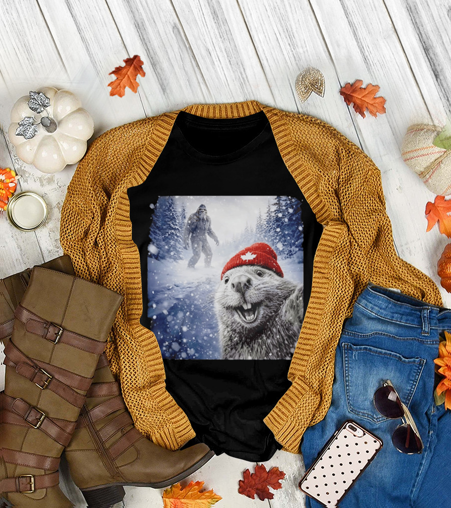 Beaver Selfie With Sasquatch In Snowy Canadian Forest T-Shirt