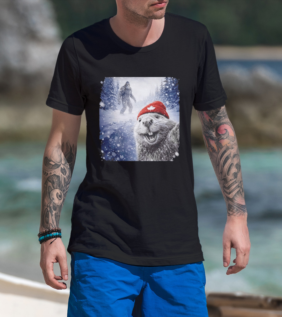 Beaver Selfie With Sasquatch In Snowy Canadian Forest T-Shirt