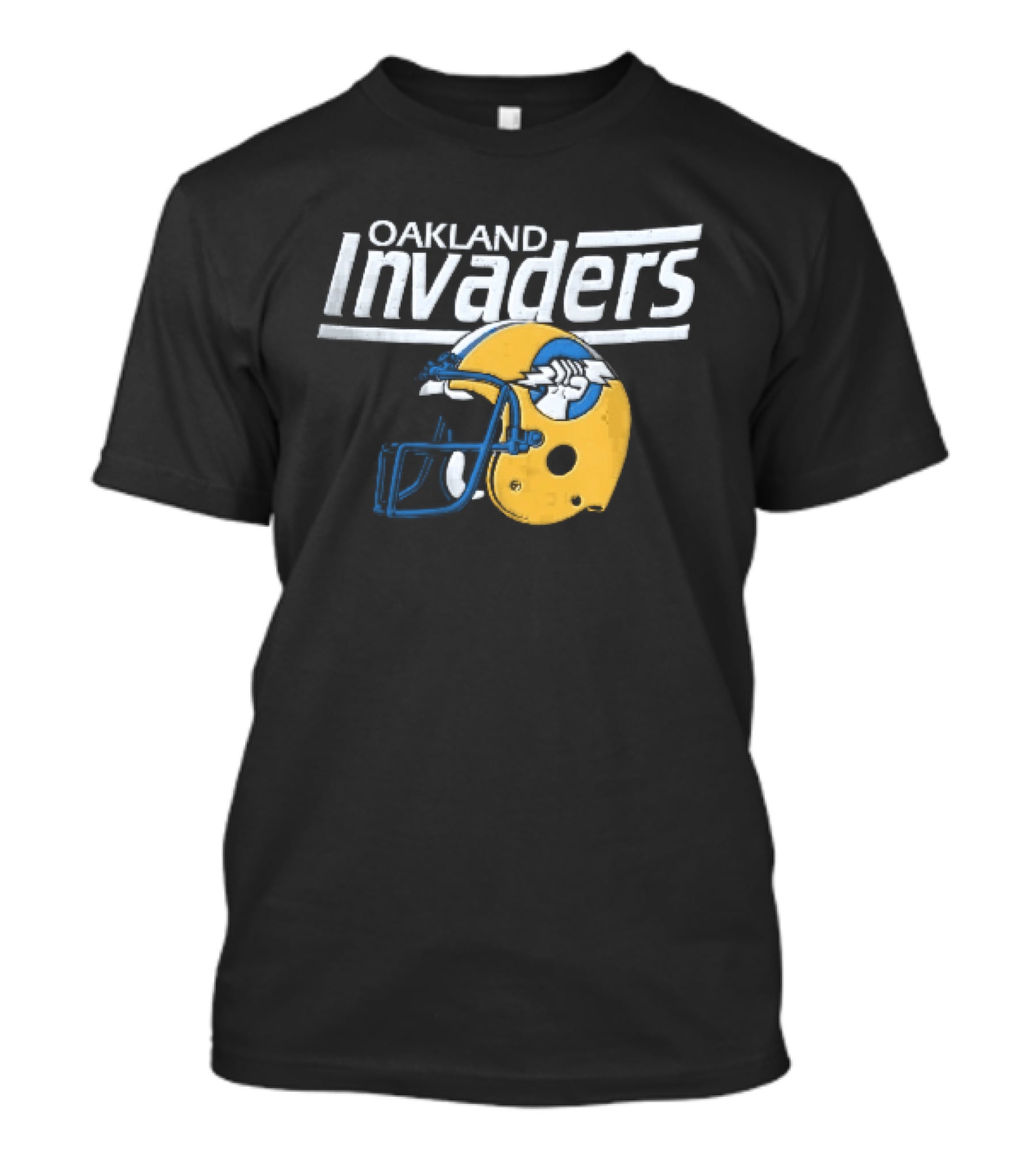 Oakland Invaders Distressed Yellow Football Helmet Vintage Style Retro Sports Memorabilia T-Shirt