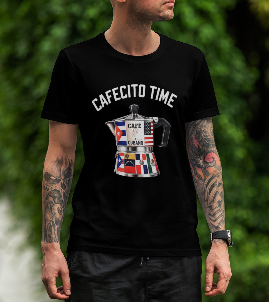 Cafecito Time Café Cubano Kike Hernandez Cuban Coffee Flag Motif T-Shirt