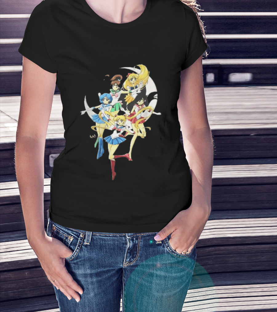 Sailor Moon Crescent Five Guardians Distressed Cartoon T-Shirt