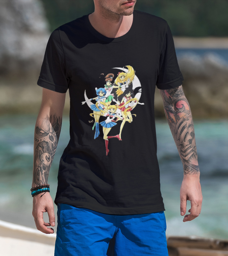 Sailor Moon Crescent Five Guardians Distressed Cartoon T-Shirt