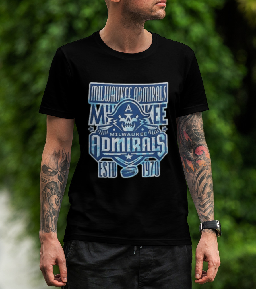 Milwaukee Admirals Estd 1970 Skull Hockey Puck Distressed Navy Blue T-Shirt