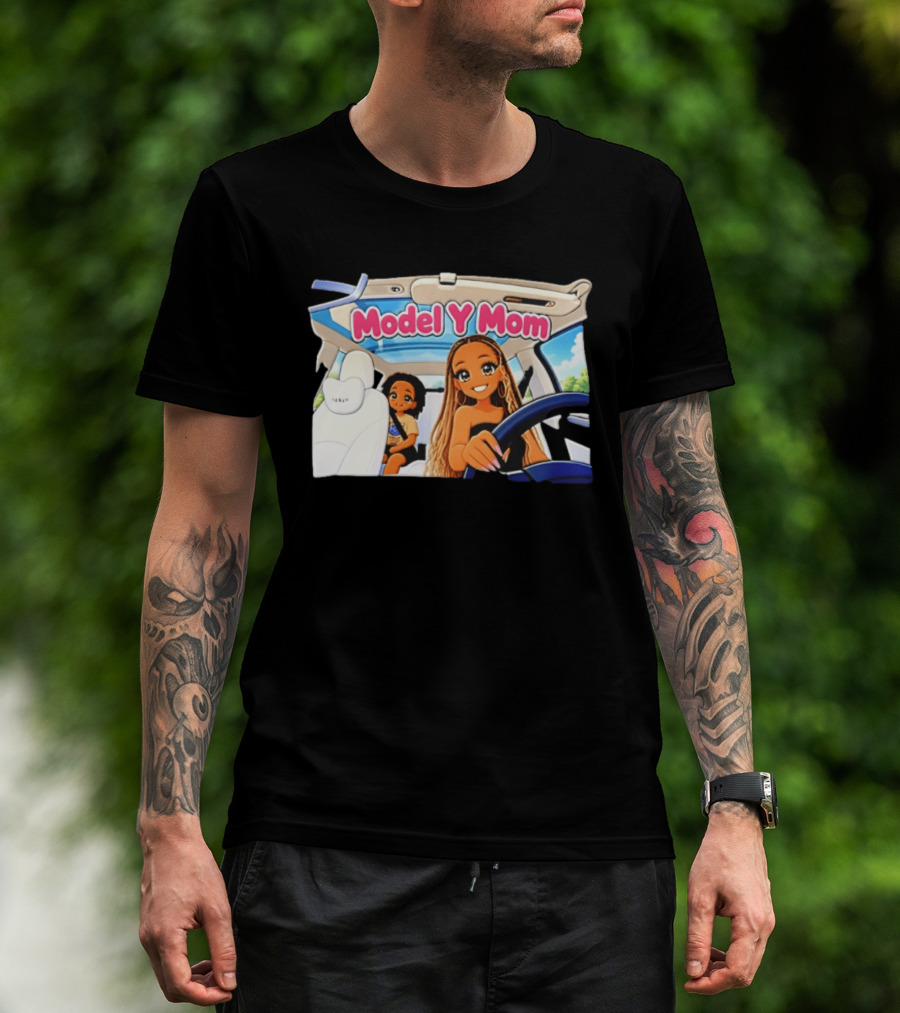 Model Y Mom Cartoon Driving Scene In Tesla T-Shirt