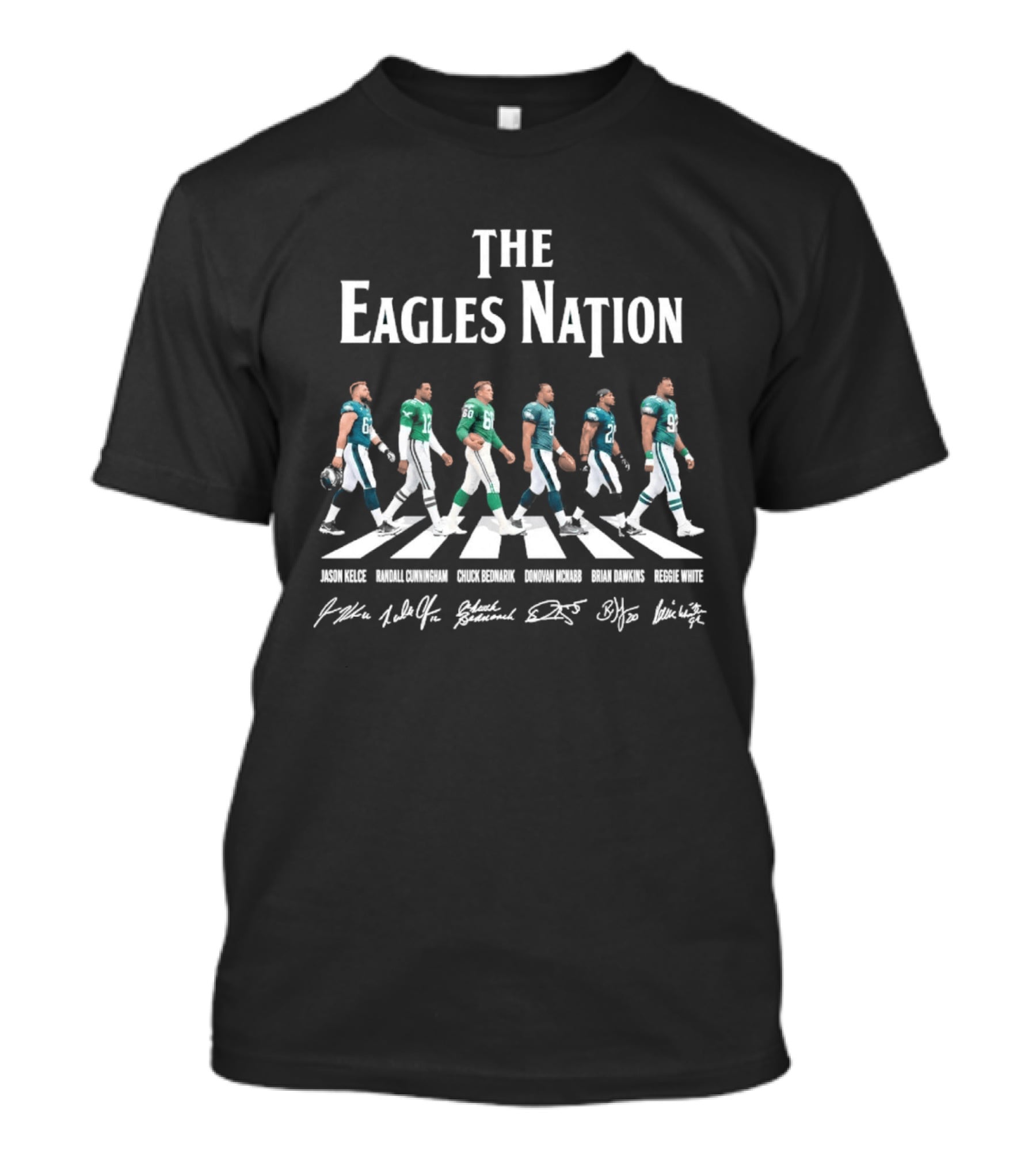 The Eagles Nation Jason Kelce Fletcher Cox Lane Johnson DeVonta Smith Darius Slay Road Crossing T-Shirt