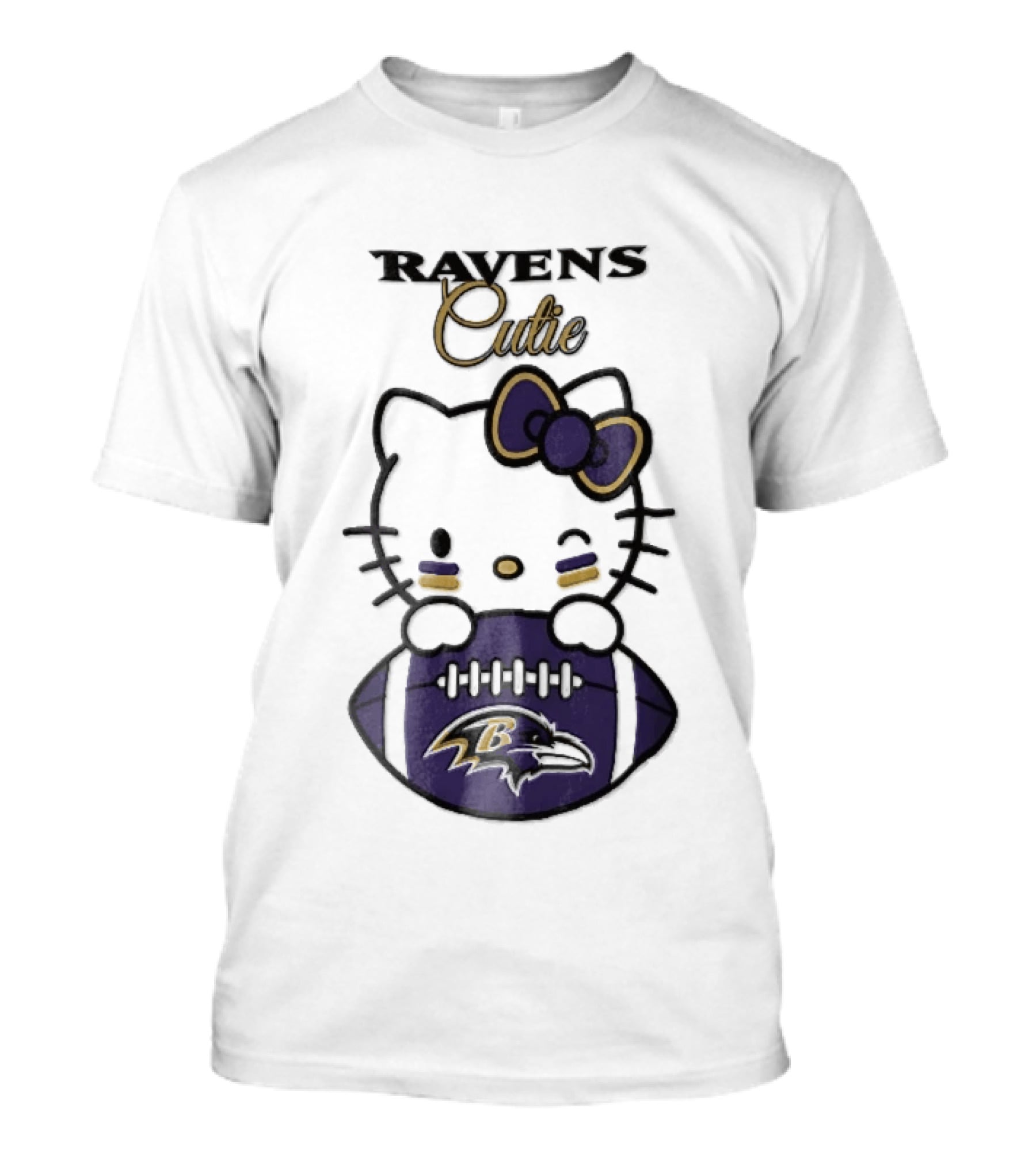 Ravens Cutie Hello Kitty Winking Holding Football T-Shirt
