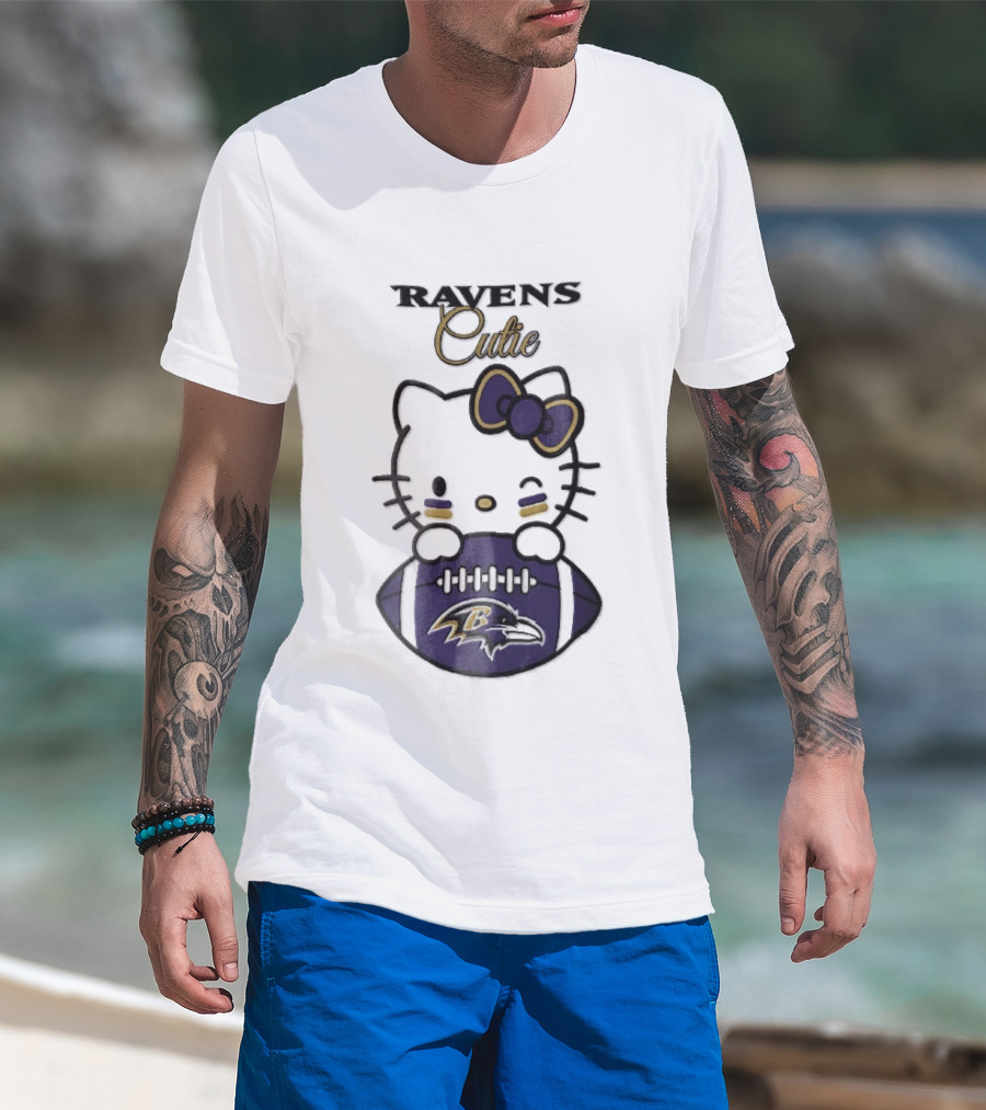 Ravens Cutie Hello Kitty Winking Holding Football T-Shirt