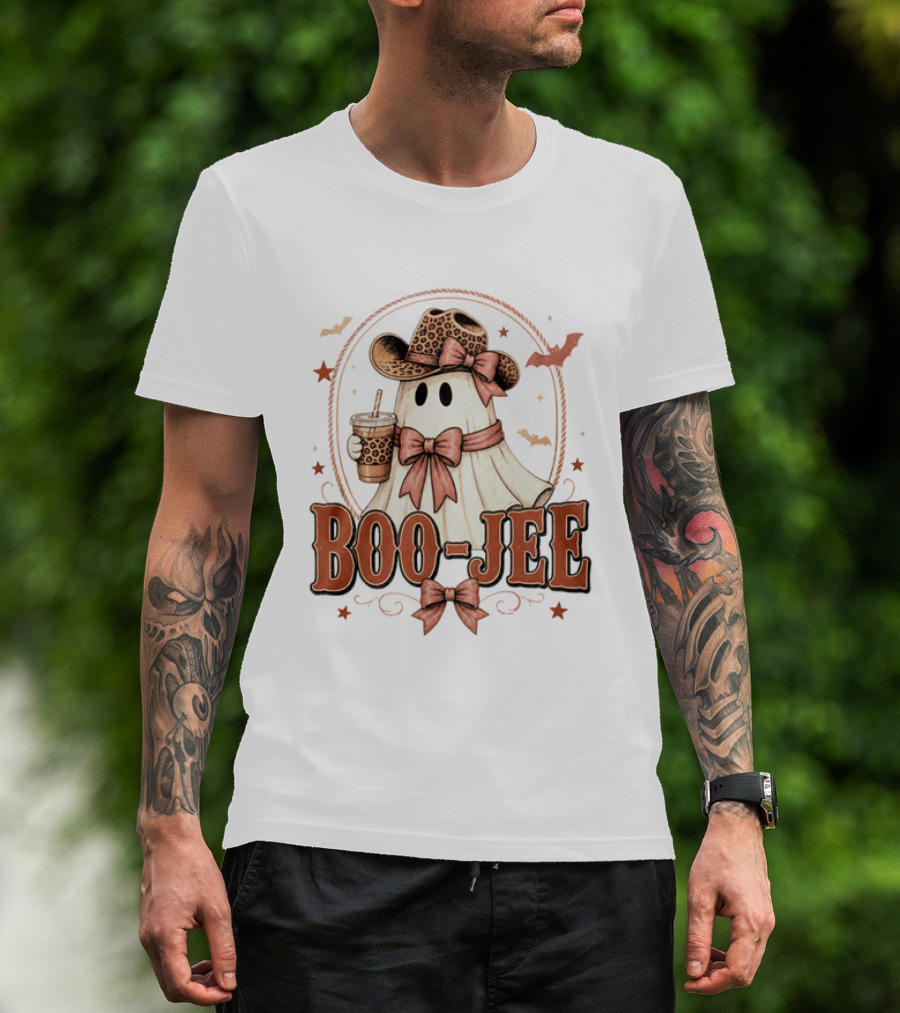 Boo Jee Leopard Cowboy Ghost Iced Coffee Halloween T-Shirt