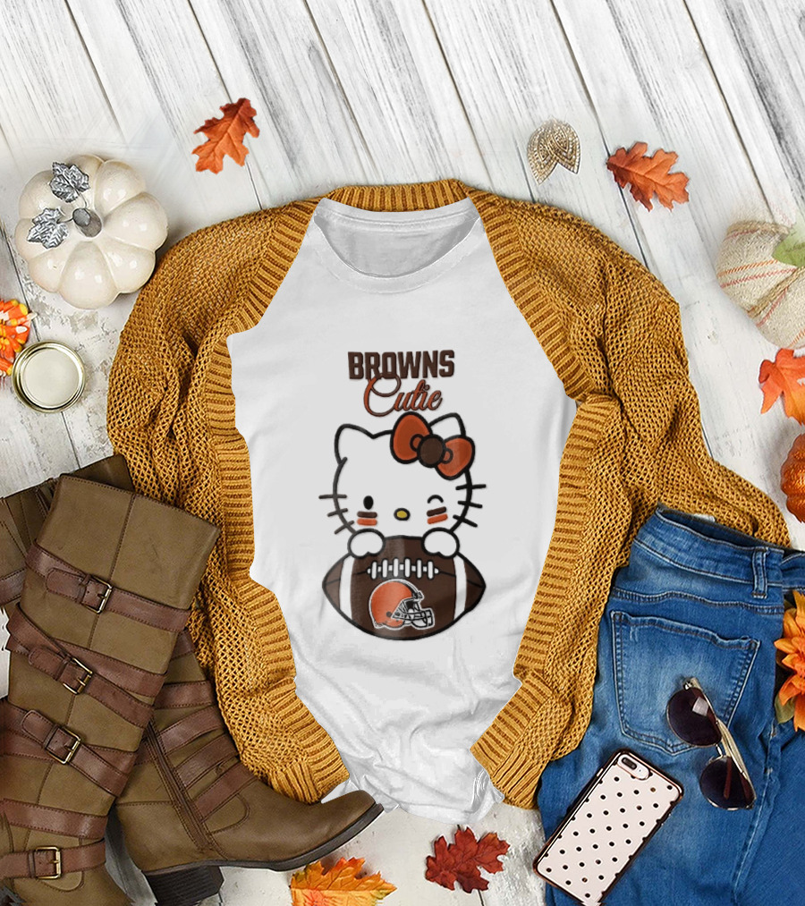 Browns Cutie Winking Cartoon Cat Bow Football T-Shirt