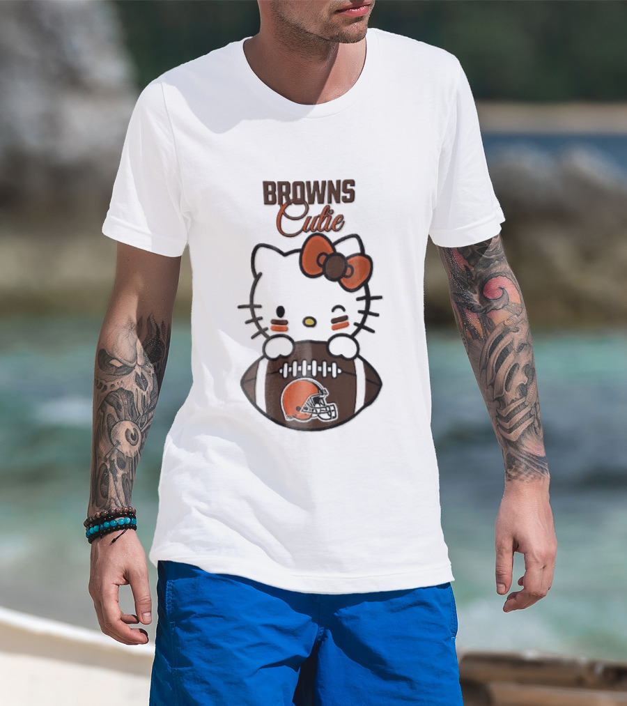 Browns Cutie Winking Cartoon Cat Bow Football T-Shirt