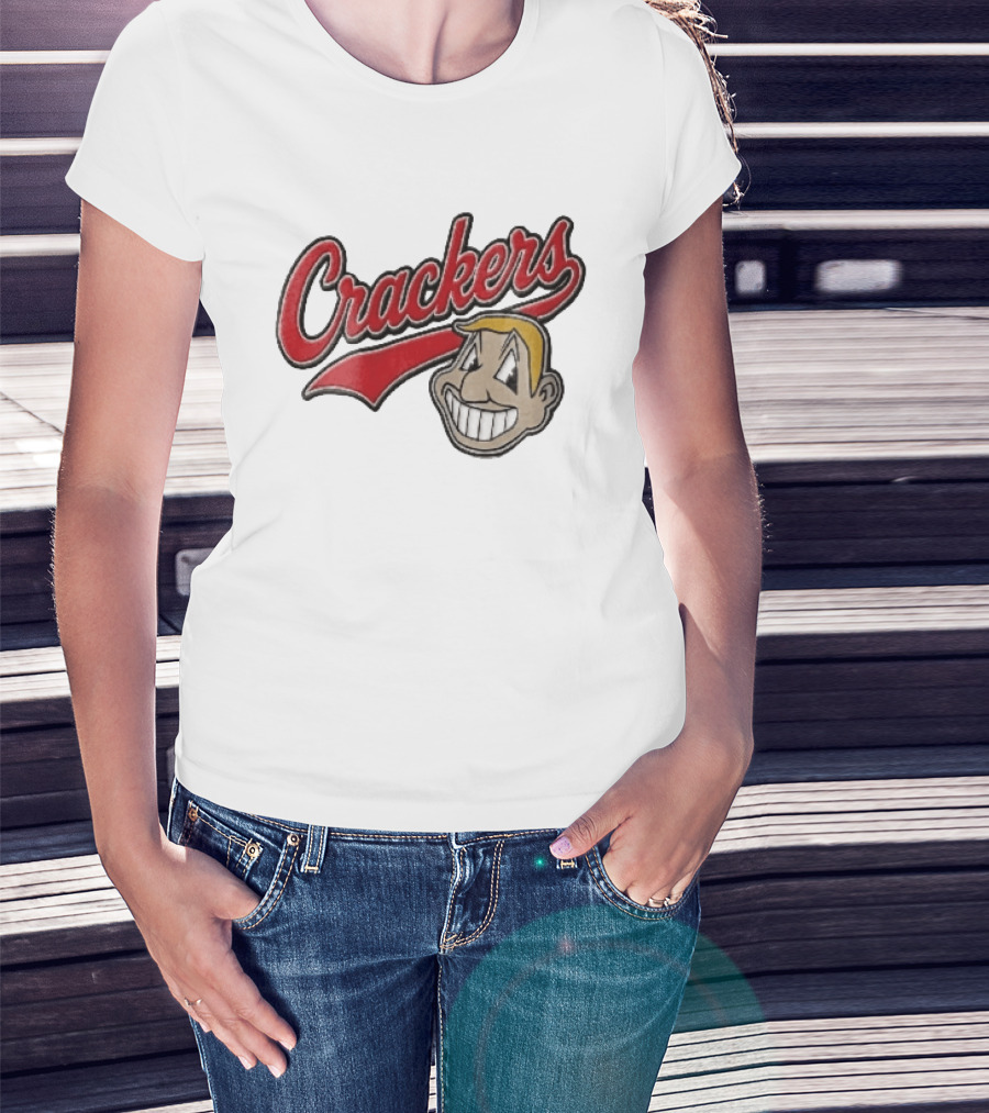 Crackers Cartoon Caricature Blonde Man Big Teeth Smile Red Script T-Shirt