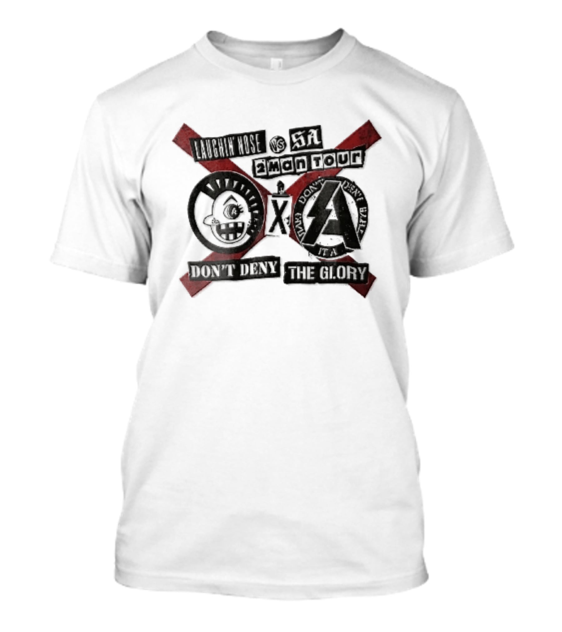 Laughin Nose SA Vs 2 Man Tour Don't Deny The Glory Punk Cartoon Face Red X Distressed Collage T-Shirt