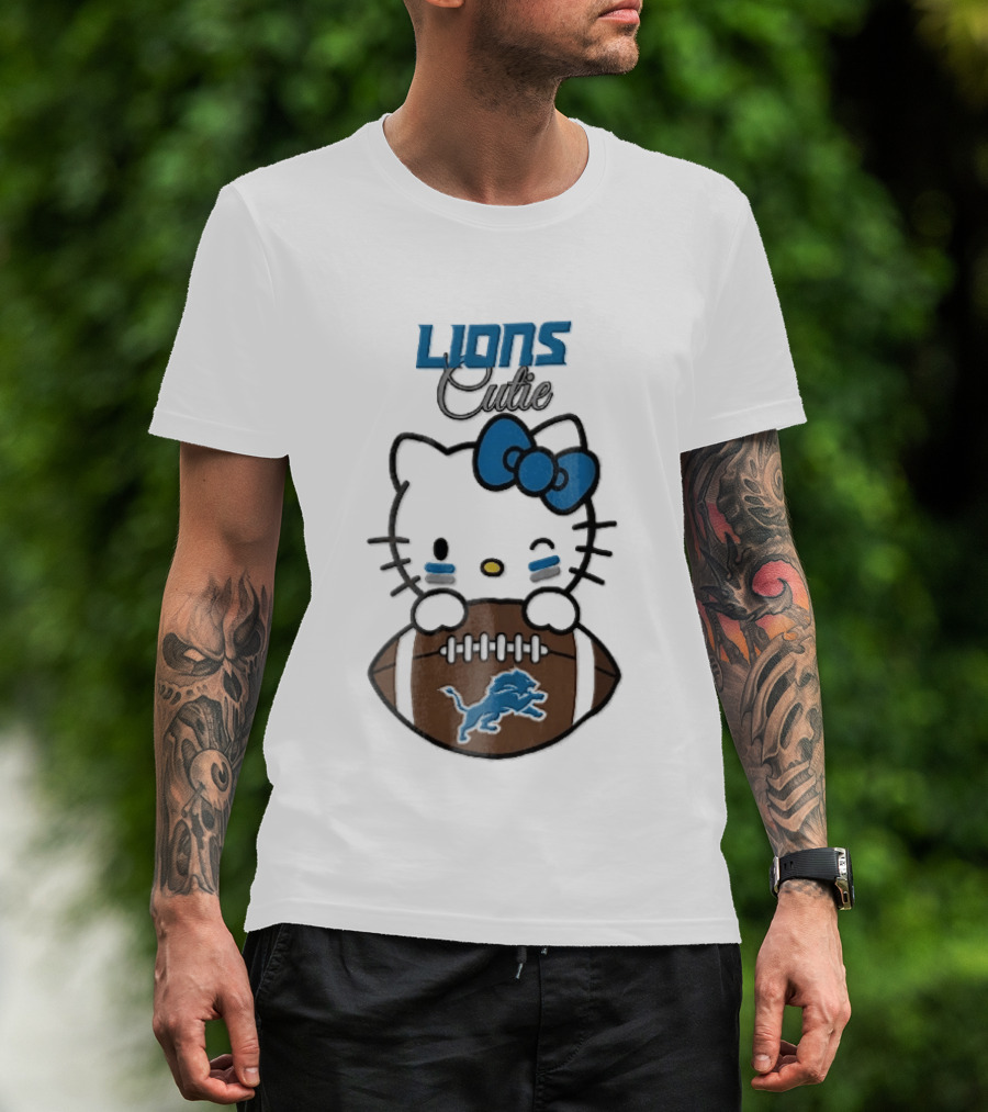 Detroit Lions Cute Cartoon Cat With Blue Bow Face Paint Football T-Shirt
