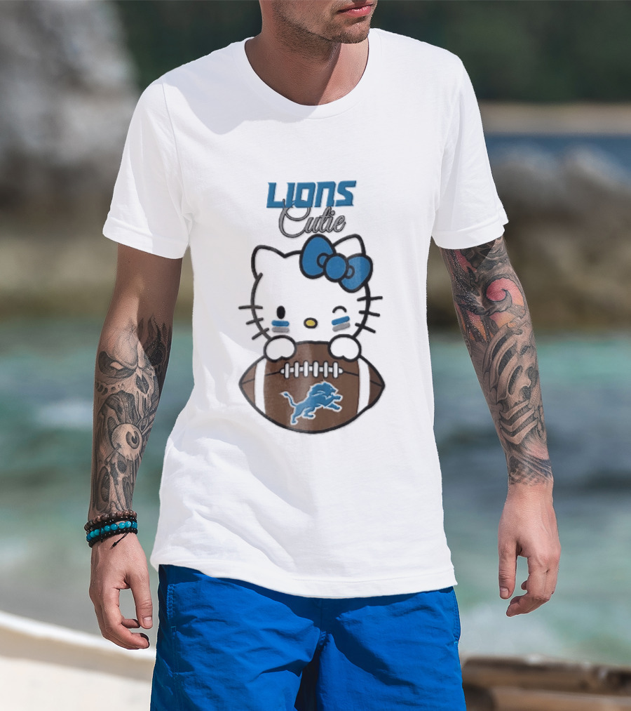 Detroit Lions Cute Cartoon Cat With Blue Bow Face Paint Football T-Shirt