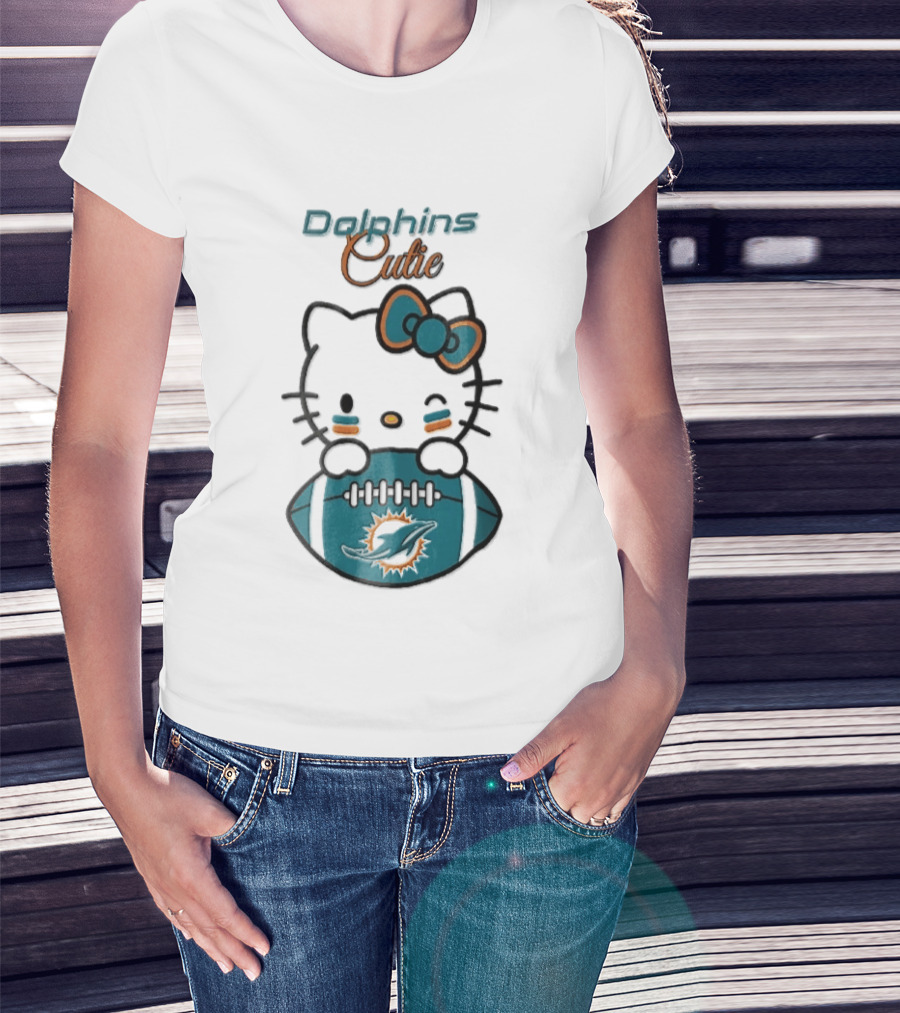 Miami Dolphins Cutie Winking Cat Bow Football T-Shirt